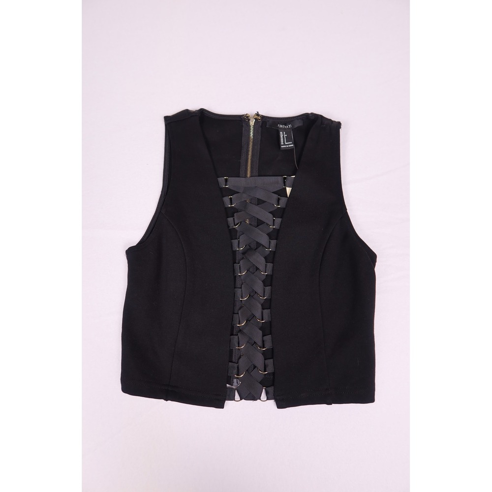 Forever 21 Womens Black Lace Up Front Crop Top Sleeveless Gold Zipper Small NEW